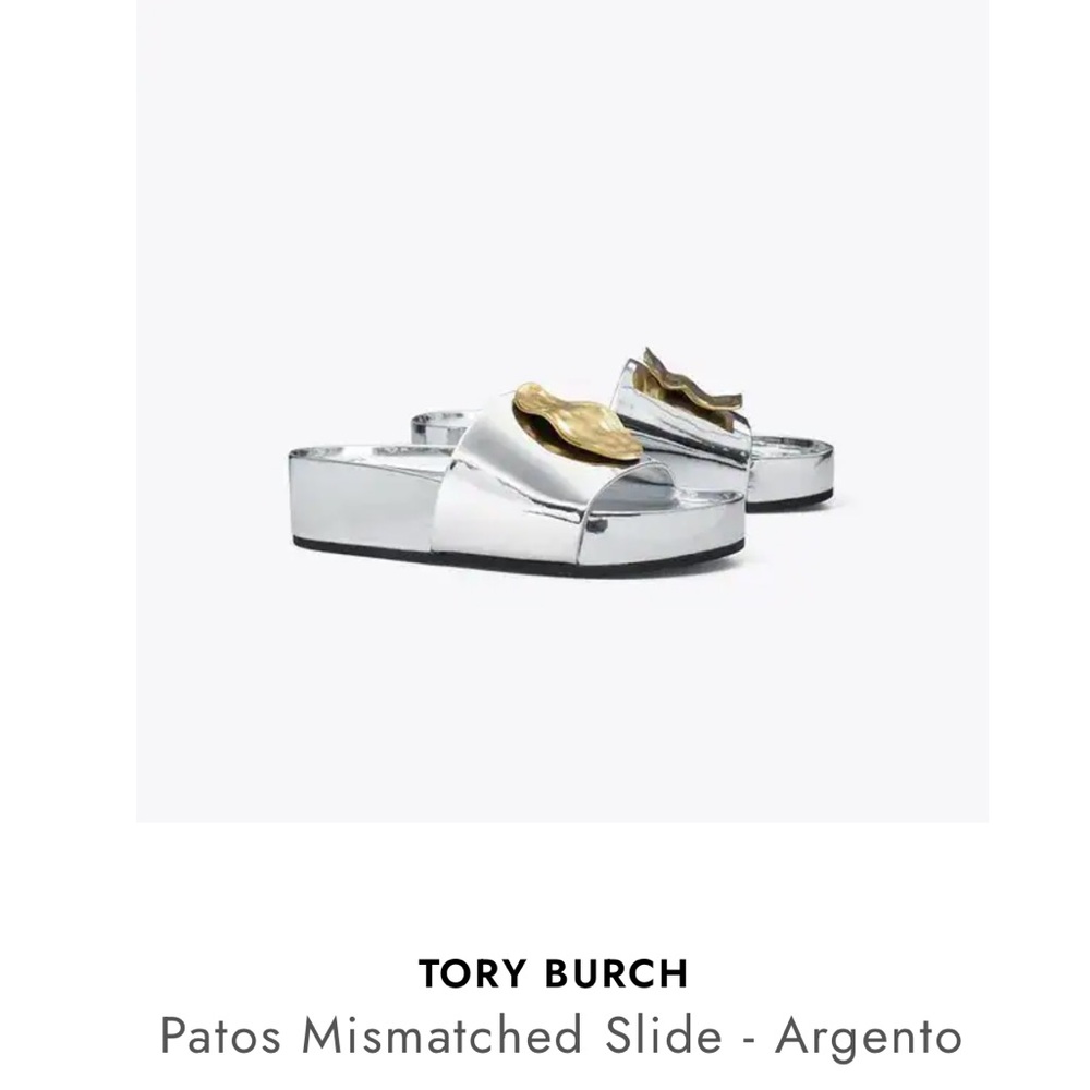 Tory Burch Silver Slides with Gold Detail - Picture 2 of 6